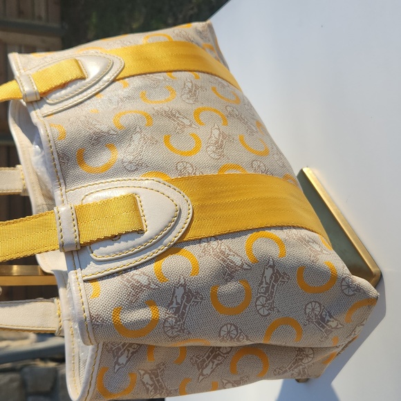 Celine Coated Canvas Handbag w/ C Logo, Horse & Carriage - Yellow, Cream & White - Picture 5 of 17